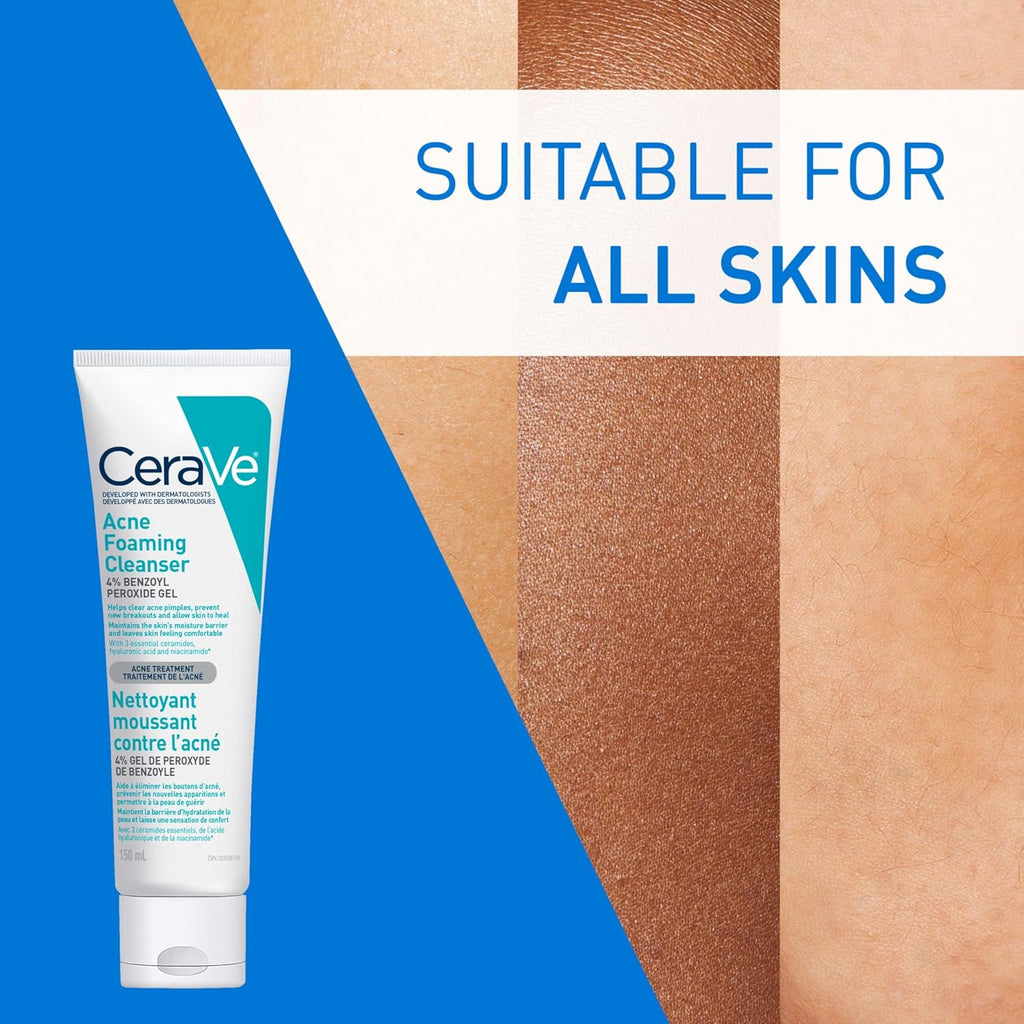 4% Benzoyl Peroxide Acne Treatment Foaming Cleanser Face & Body Wash, with Hyaluronic Acid and Niacinamide. Helps Clear Acne Pimples and Prevent Breakouts. Gentle Gel, Fragrance-Free, 150ML