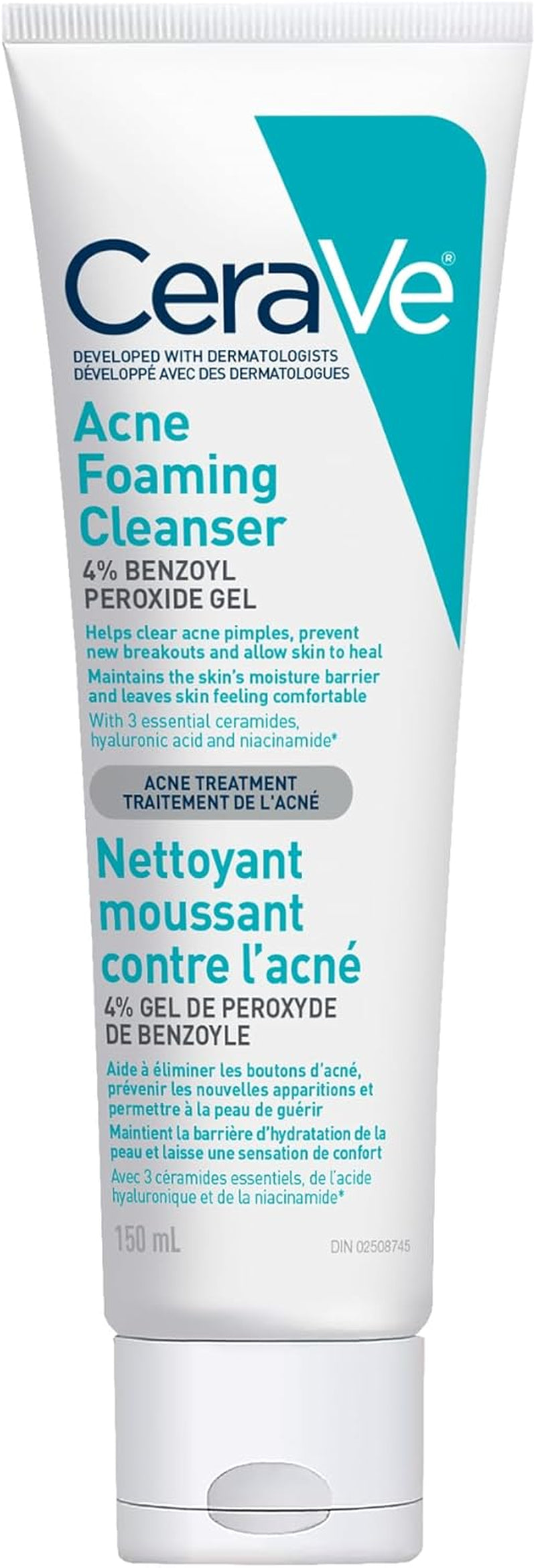 4% Benzoyl Peroxide Acne Treatment Foaming Cleanser Face & Body Wash, with Hyaluronic Acid and Niacinamide. Helps Clear Acne Pimples and Prevent Breakouts. Gentle Gel, Fragrance-Free, 150ML